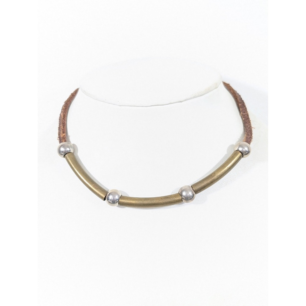 Noble Outfitters Leather Brass Choker Necklace 15" Toggle Minimal Western